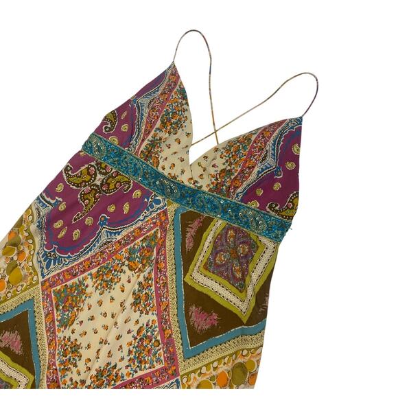 Nicole Miller Y2K Deadstock Strappy Multi Print Silk Dress w Beaded Waistline - Picture 2 of 4